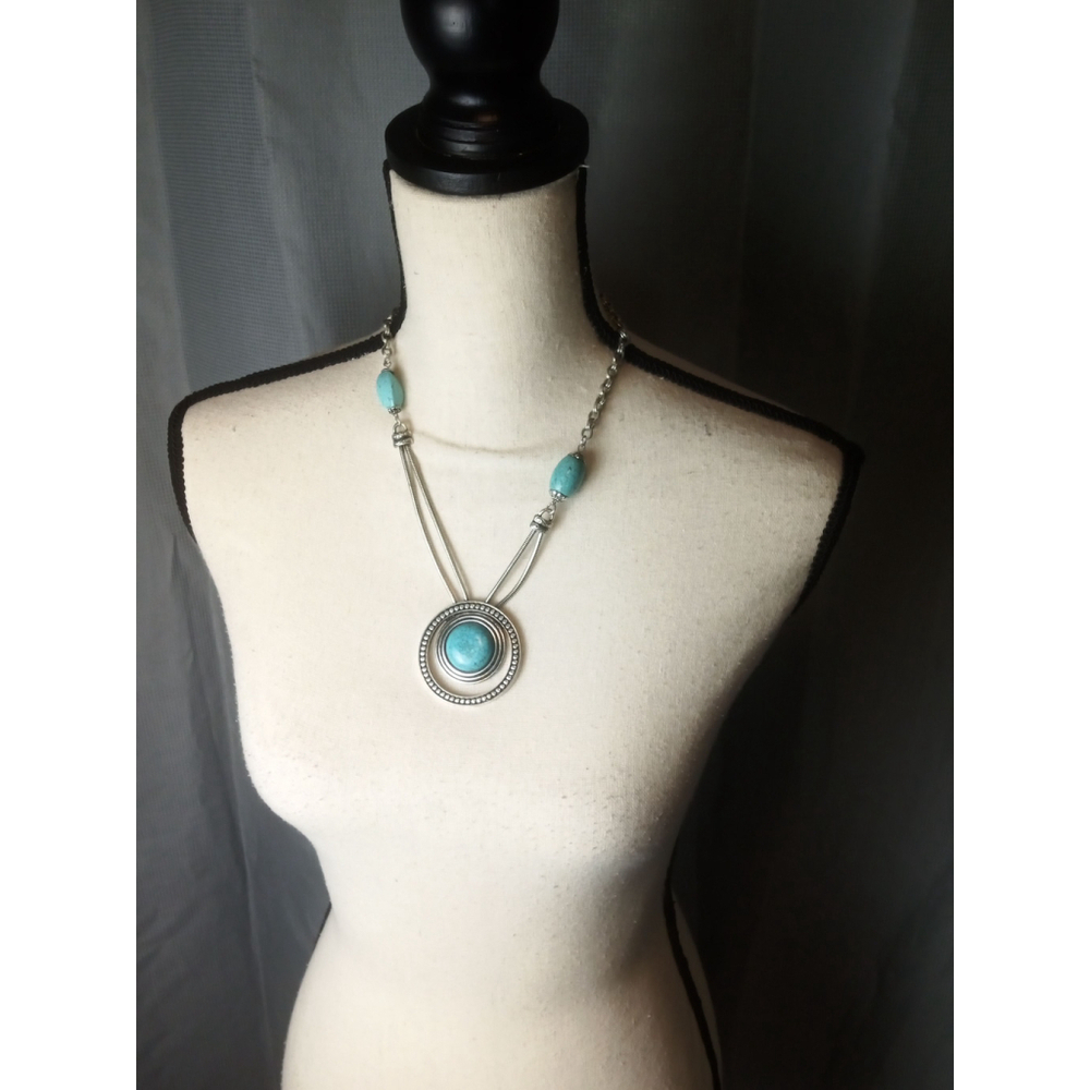 Necklace, Silver Colored with Turquoise Colored Stone Pendant